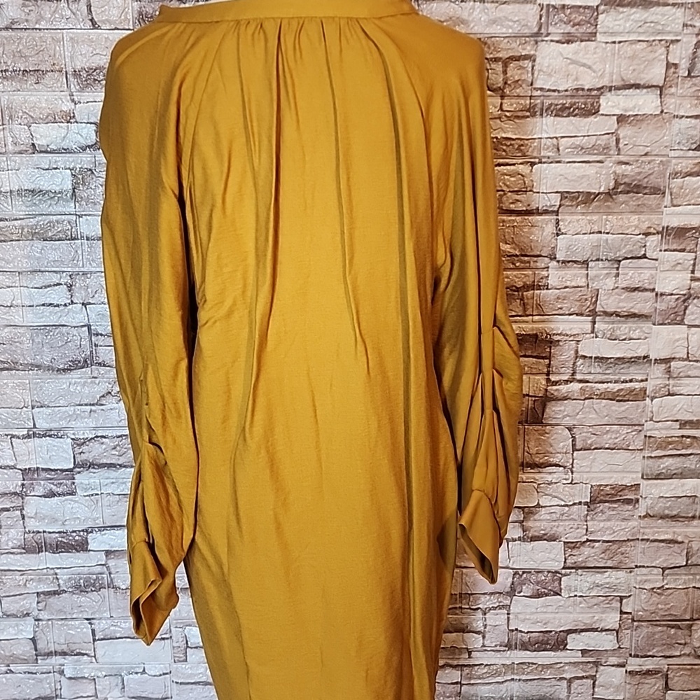 Zara Mustard Yellow  Tunic Dress with V-Neck, Buttons & Ruched Sleeves - Picture 3 of 10